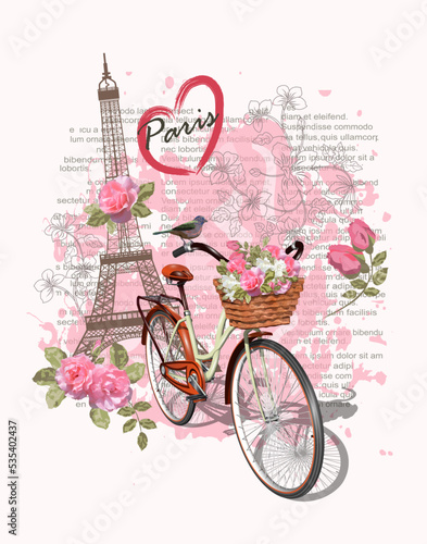 Travel Paris poster with Eiffel Tower and bicycle,Typography, t-shirt design.
