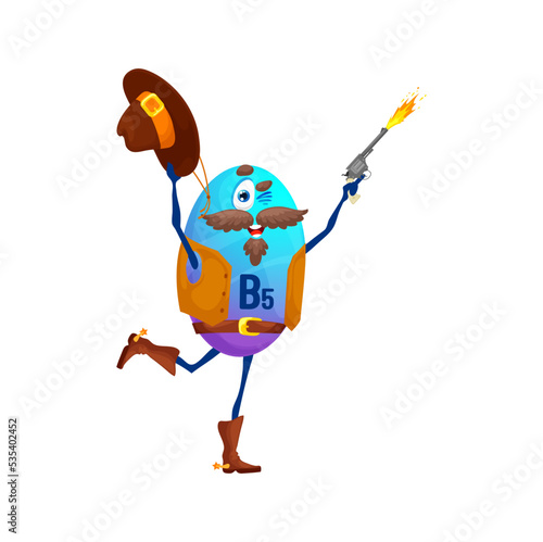 Cartoon B5 vitamin cowboy or bandit character. Funny vector pantothenic acid capsule ranger. Western horseman shoot with gun. Healthcare vitamin personage, isolated smiling adventurer