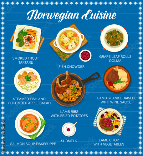 Norwegian cuisine menu with vector fish and meat food, vegetable fruit salad and milk dessert. Salmon soup, trout tartare, lamb with wine sauce and fried veggies, grape leaf rolls dolma and surmelk