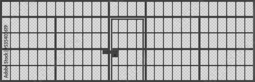 Prison cage with locked door, jail cell wall with black metal bars. Detailed iron fence and doorway, criminal institution grate isolated on transparent background, Realistic 3d vector illustration