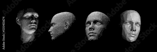 Four human faces constructing from particles. Network forming AI human face. Technology and robotics concept. Anonymous social masking. Cyber crime and cyber security vector illustration.