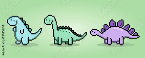 8 bit pixels dinosaur T-Rex, Brontosaurus, and Stegosaurus. Animals in vector illustrations