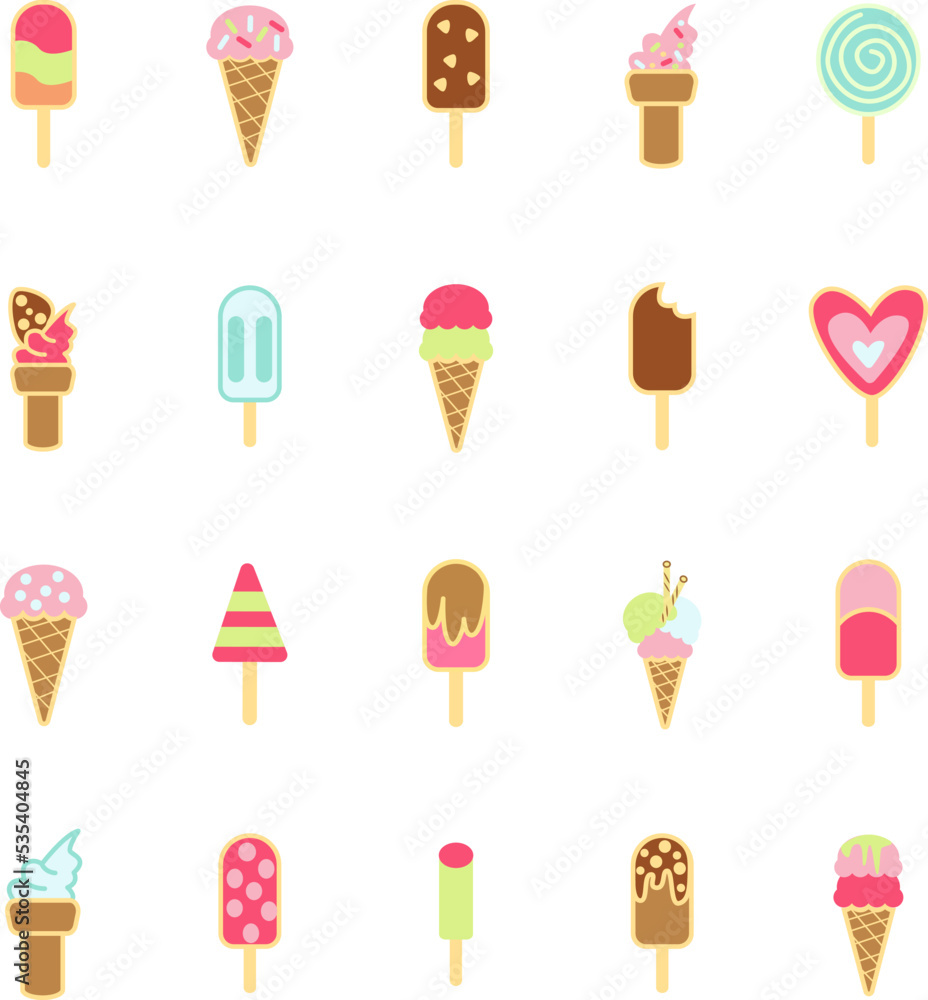 Ice cream icon pack, illustration, vector on a white background.