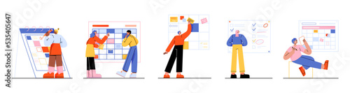 People planning task schedule with calendar, organizer and checklist. Concept of business management, work organization, agenda. Men and women with task boards, vector flat illustration