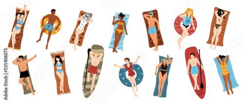 People sunbathing on summer beach. Diverse happy men and women in swimsuits and hats lying on mats, towels, inflatable floats and surfboards, vector hand drawn illustration