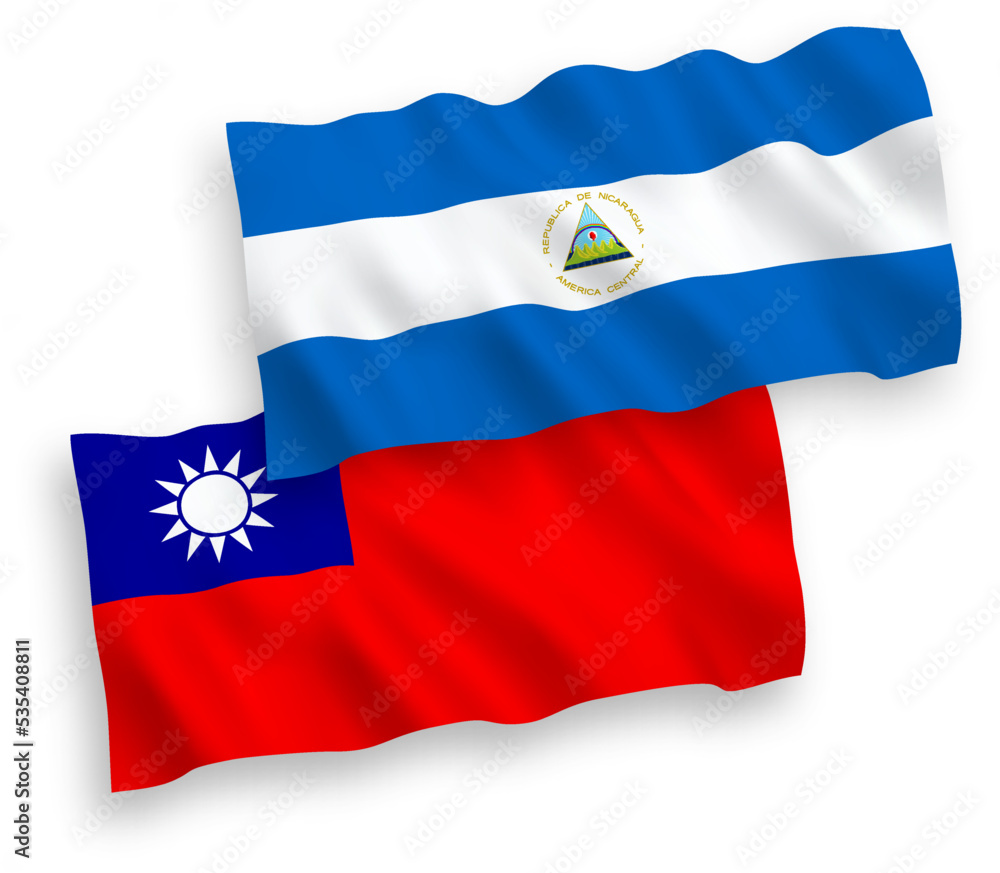 National vector fabric wave flags of Nicaragua and Taiwan isolated on white background. 1 to 2 proportion. National vector fabric wave flags of Nicaragua and Taiwan isolated on white background. 1 to 2 proportion.