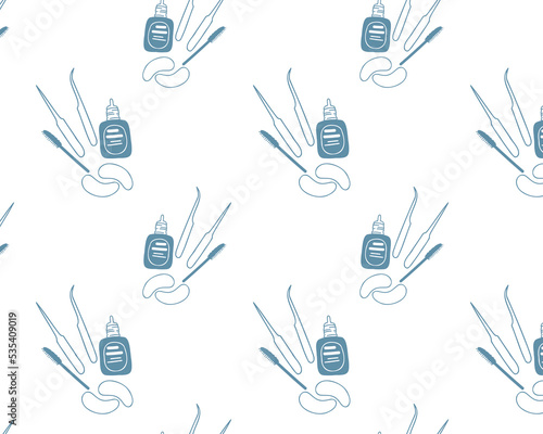 
Lashmaker tools seamless pattern.
Eyelash extension tools. Tweezers, microbrushes, patches and brushes for the lashmaker. Doodle hand drawn. Vector illustration photo