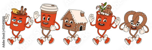 Merry Christmas and Happy New year. Coffee, cocoa, mulled wine, candy, glintwine, pretzel, cookie, gingerbread in trendy retro cartoon style. Christmas market street foods and drinks. Comic character.