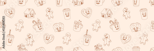 Christmas market street foods and drinks seamless pattern. Coffee, cocoa, mulled wine, candy, glintwine, pretzel, cookie, gingerbread in trendy retro cartoon style. Merry Christmas and Happy New year.