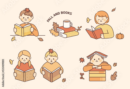 Cute children are reading books. Fallen leaves are decorated around it. 