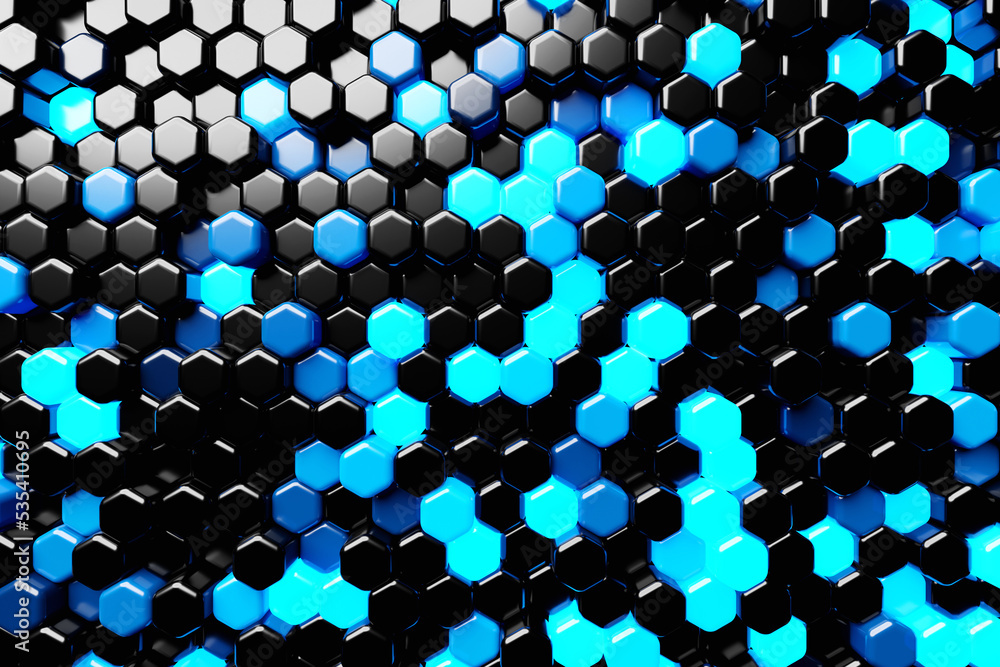 3d illustration of a blue and black honeycomb monochrome honeycomb for honey. Pattern of simple geometric hexagonal shapes, mosaic background.