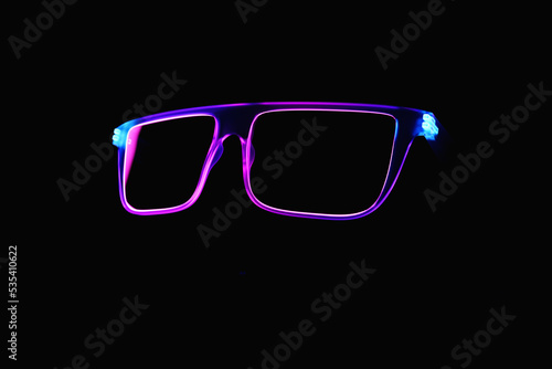 Close-up of transparent pink neon sunglasses on a black background, 3D illustration