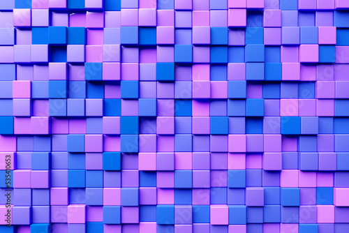 3D rendering. Purple and blue pattern of cubes of different shapes. Minimalistic pattern of simple shapes. Bright creative symmetric texture