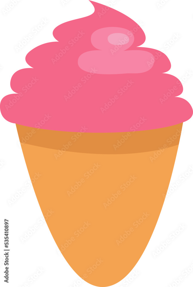 Pink ice cream in cone, illustration, vector on a white background. Pink ice cream in cone, illustration, vector on a white background.