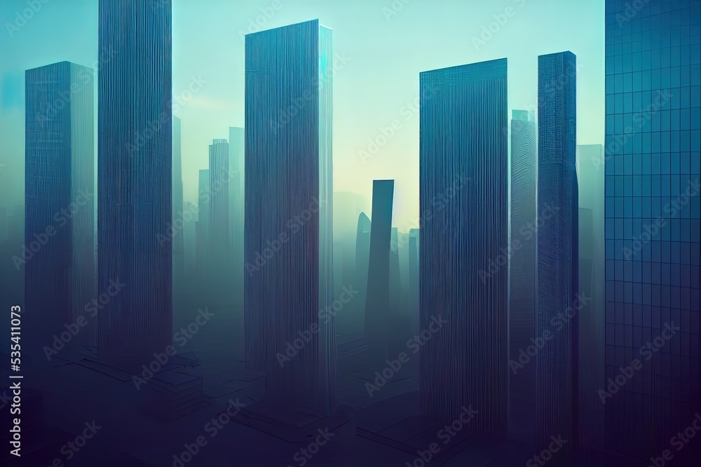 Futuristic skyscrapers in the flow. The flow of digital data. city of the future. 3D illustration. 3D rendering. High quality illustration