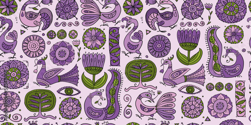 Magic fantasy birds and flowers. Vintage seamless pattern background for your...