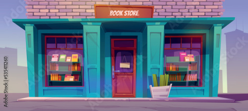 Books store in house on city street. Urban landscape with building facade with shop exterior, books on showcase, brick wall and sidewalk, vector cartoon illustration