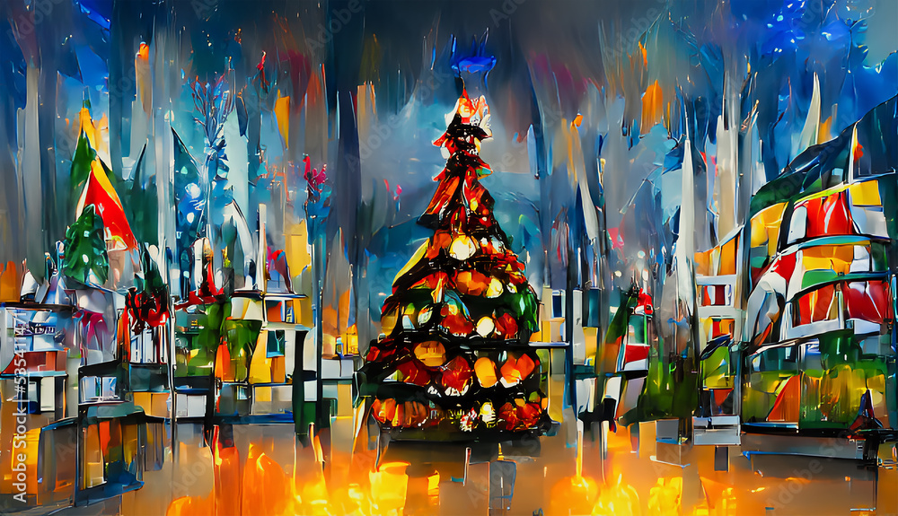 A Christmas tree with balls and garlands stands in the square among the festively decorated buildings.