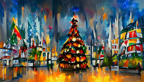 Obraz na płótnie A Christmas tree with balls and garlands stands in the square among the festively decorated buildings. w salonie