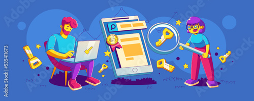 Keyword ranking concept with man work on laptop, woman with magnifier, mobile phone with badge of first place and keys. SEO research, advertising analytics, vector illustration in contemporary style