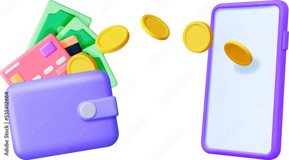 3D Flying Coins and Smartphone with Wallet 3D Flying Coins and Smartphone with Wallet