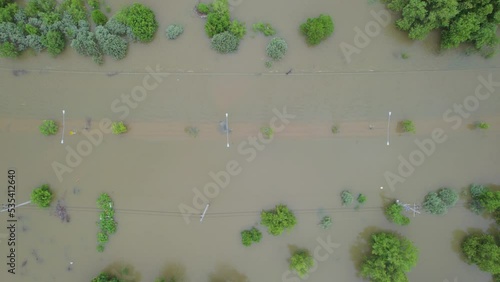High angle video, high flooded road running through until unable to drive