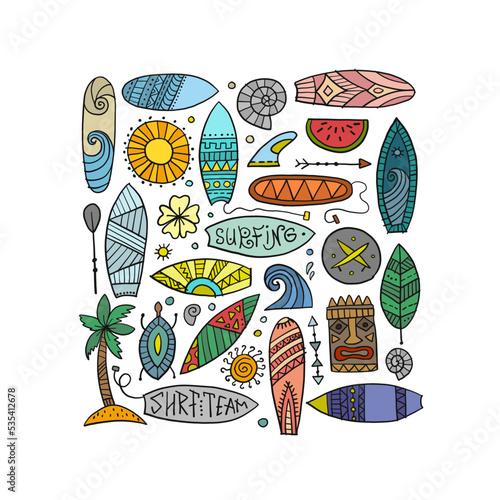 Surf boards collection, surfing time. Hawaii Concept Art background. Product ...