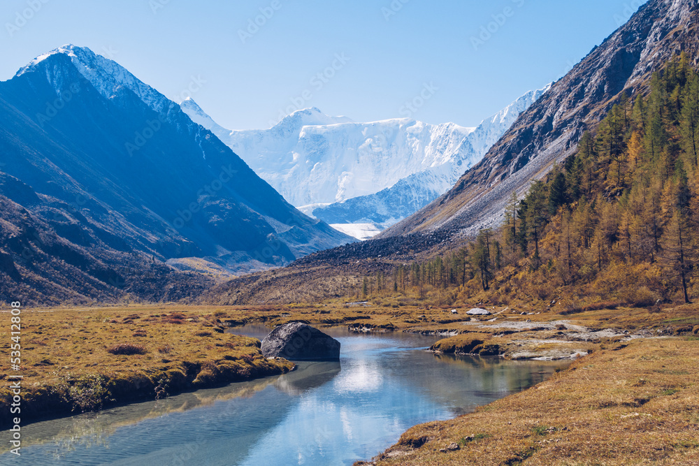 Belukha Mountain view from the Akkem lake. Mountain valley. Altai Mountains