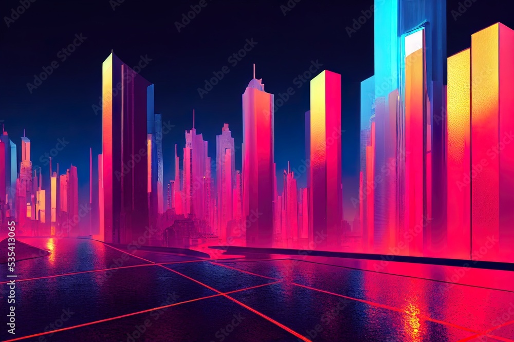 3D Rendering of abstract neon mega city with light reflection from puddles on street. Concept for night life, never sleep business district center CBDCyber punk theme.. High quality illustration 3D Rendering of abstract neon mega city with light reflection from puddles on street. Concept for night life, never sleep business district center CBDCyber punk theme.. High quality illustration