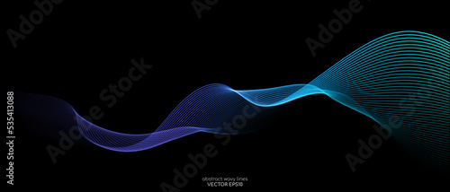 Vector wave lines smooth flowing dynamic blue green gradient light isolated on black background for concept of technology, digital, communication, science, music