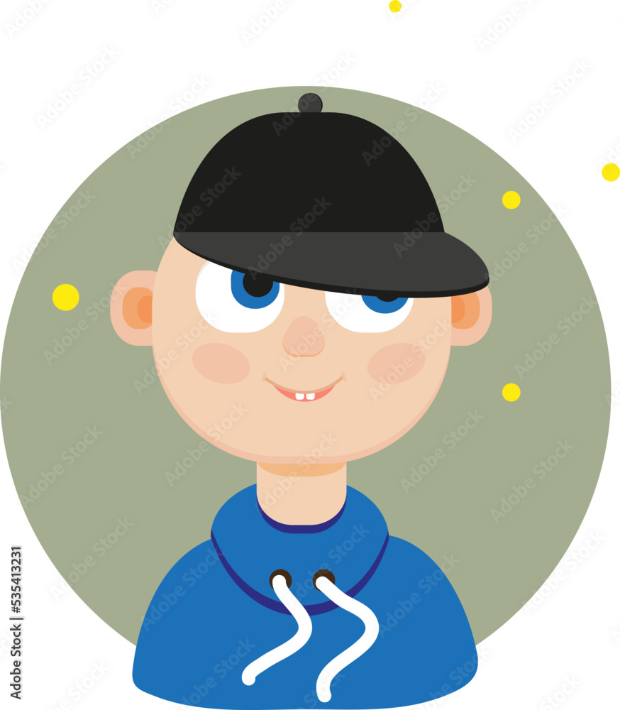 Blue eyed boy with baseball hat, illustration, vector on a white background. Blue eyed boy with baseball hat, illustration, vector on a white background.