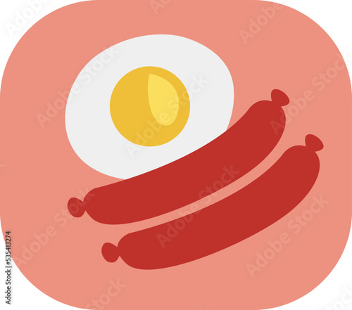 Breakfast boiled egg and sausages, illustration, vector on a white background.