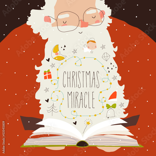 Cartoon Santa Claus reading Book and preparing for Magic Christmas