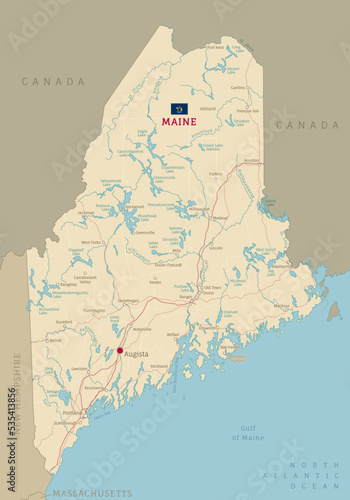Road map of Maine, US American federal state. Editable highly detailed transportation map of Maine with highways and interstate roads, rivers and cities realistic vector illustration