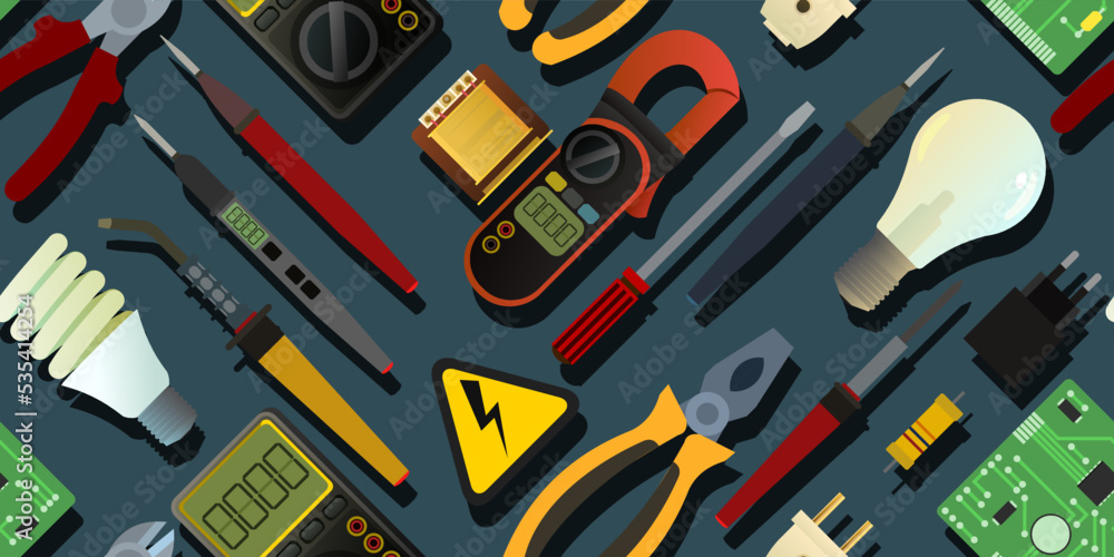 Tools for electrician. Repair of radio electronic and microprocessor equipment. Spare parts components and service. Seamless pattern. Vector Tools for electrician. Repair of radio electronic and microprocessor equipment. Spare parts components and service. Seamless pattern. Vector