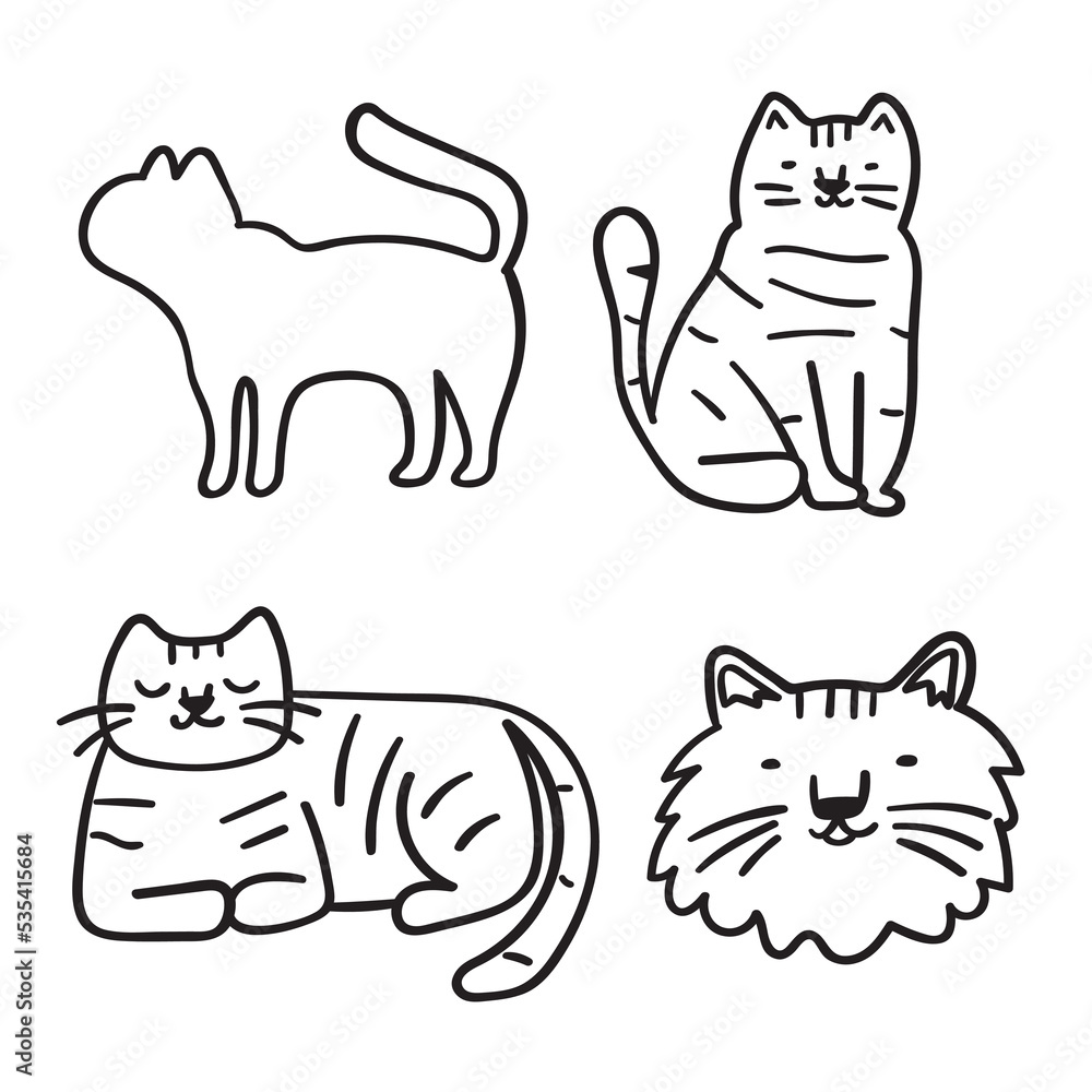 Set of cats. Domestic animal. Outline vector icons. Hand drawn illustrations on white background.