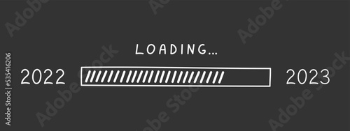 Load bar 2023 new year in doodle style, vector illustration. Hand drawn loading symbol, black isolated element on chalk board background. Sketch progress bar for print and design