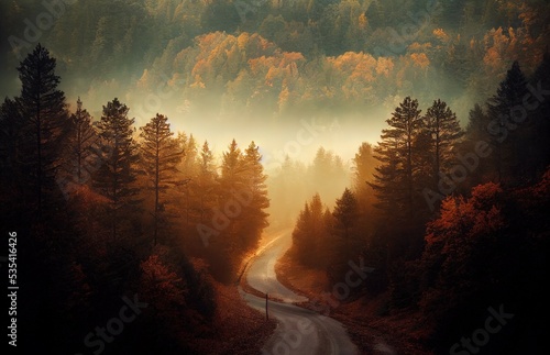 Forest Road Under Sunset Sunbeams. Lane Running Through The Autumn Deciduous Forest At Dawn Or Sunrise. Toned Instant Photo. High quality illustration © 2rogan