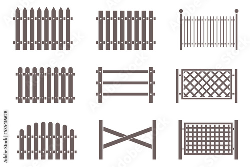 Rural wooden fences silhouettes set for park, yard farm and garden. Vector illustration