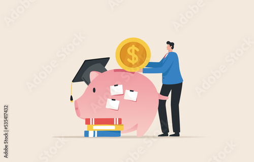 Investment in knowledge pays the best interest. Invest in yourself. .Study work, stock funds, self improvement. Time management and business. A businessman wears a graduation cap to light an idea.