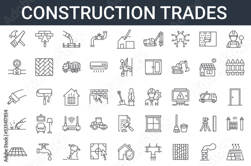 Set of 45 line icons related to different types of construction works. Kinds of building activities, occupation. Editable Stroke. Repair, Renovation,  Work Tools,  Materials 