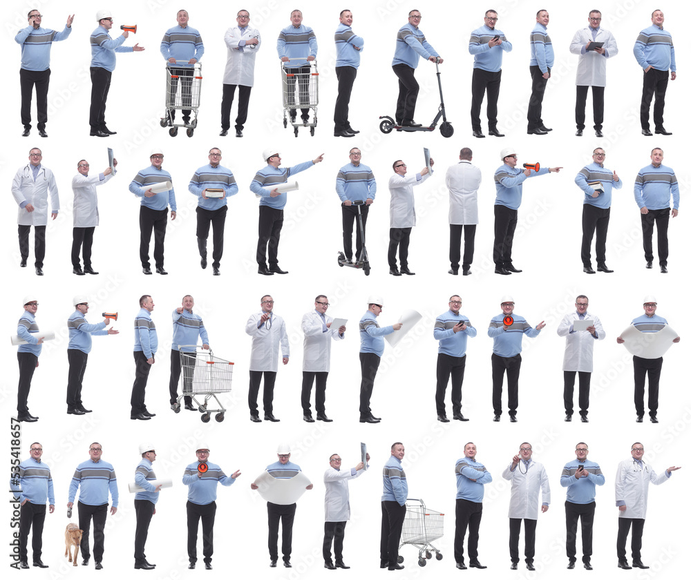collage of a man in full growth displaying many professions and position collage of a man in full growth displaying many professions and position