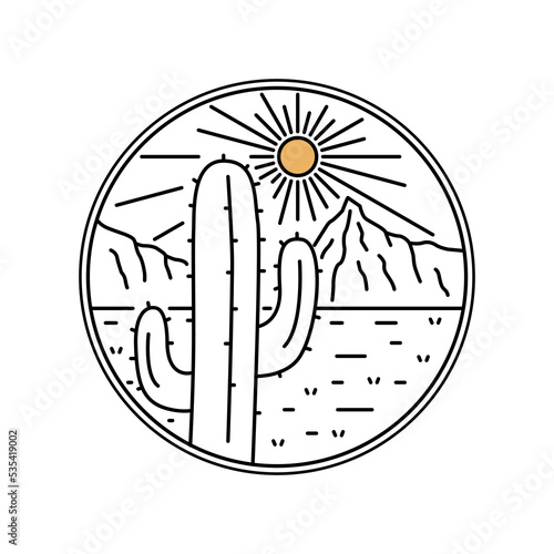 Monoline vector of Cactus desert camping nature adventure wild line badge patch pin graphic illustration vector art t-shirt design