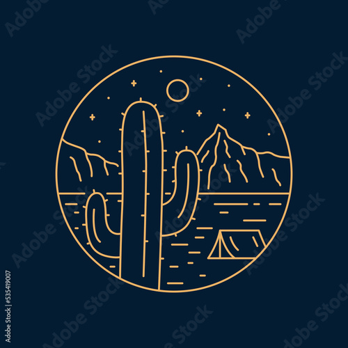 Cactus desert camping nature adventure in the night wild line badge patch pin graphic illustration vector art t-shirt design