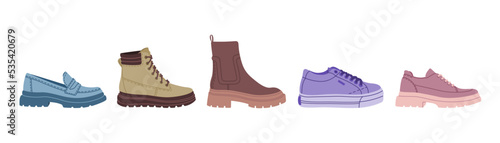 Set of different stylish female footwear. Various types casual shoes. Loafers, brogues, boots. Hand drawn colored vector illustration isolated on white background. Modern flat cartoon style.