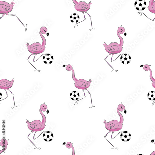 Cute flamingo with ball. Pink funny bird.