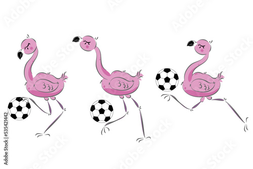 Cute flamingo with ball. Pink  funny bird.