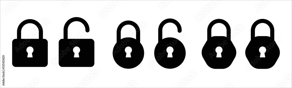 Locks icons set. Locked and unlocked vector icon set. Padlock symbol. Privacy symbol vector stock illustration. Vector illustration Locks icons set. Locked and unlocked vector icon set. Padlock symbol. Privacy symbol vector stock illustration. Vector illustration