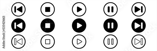 Play and pause icon set. Media player icon set. Music player icon set. Media player icon collection. Play and pause buttons sign. Play and pause buttons symbol. Vector illustration.