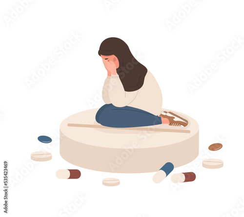 Sad arabic woman sitting on big pill. Mental disorders concept. Antidepressants, vitamins and hormonal medications. Depressed teenager needs medical care. Vector illustration in flat cartoon style.